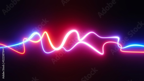 Abstract colorful neon glowing light background. Speed light illuminated. Florescent on the dark scene. Curvy moving line shape. 3D render.