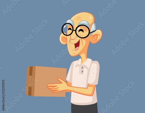 Elderly Man Holding a Parcel Box Vector Cartoon Illustration. Happy grandpa receiving a mail package as a gift 
