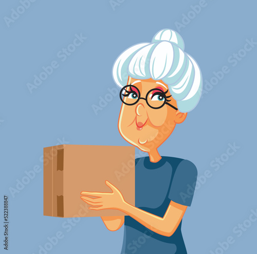 Senior Woman Holding a Cardboard Box Vector Cartoon Illustration. Happy granny receiving a mail package as a gift 

