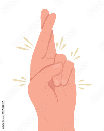 Crossed fingers semi flat color vector hand gesture. Editable pose. Human body part on white. Wish for luck cartoon style illustration for web graphic design, animation, sticker pack
