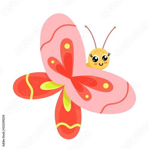 Cute smiling butterfly isolated on white background. Funny insect for children. Flat cartoon vector illustration