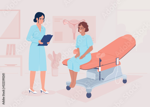 Woman visiting gynecologist flat color vector illustration. Doctor appointment. Female health. Patient examination. Fully editable 2D simple cartoon characters with hospital on background