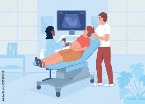 Pregnant woman with husband at sonogram scanning flat color vector illustration. Examination. Prenatal sonogram. Fully editable 2D simple cartoon characters with clinic on background