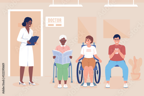 Queue in hospital hall flat color vector illustration. Doctor appointment. Healthcare service. Fully editable 2D simple cartoon characters with clinic on background. Bebas Neue font used