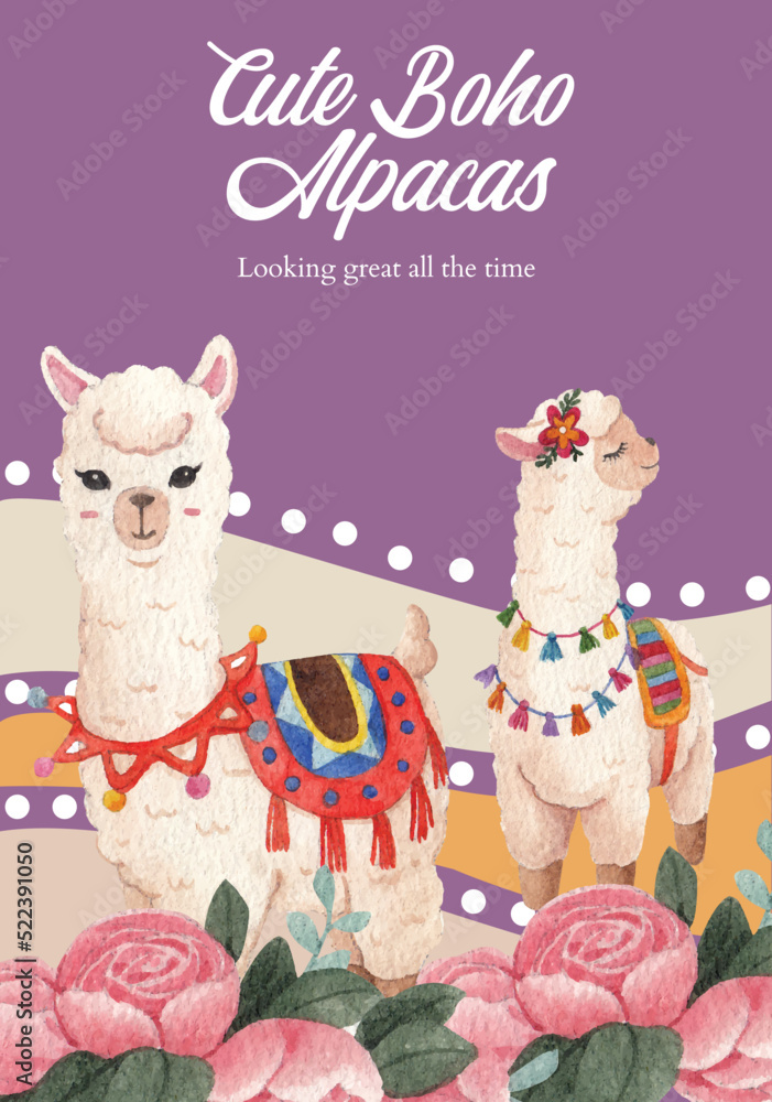 Poster template with cute boho alpaca concept,watercolor style Poster template with cute boho alpaca concept,watercolor style