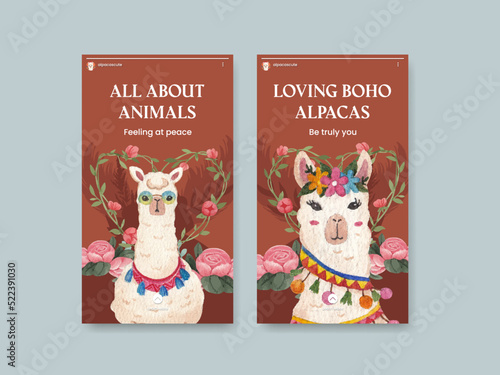 Instagram template with cute boho alpaca concept,watercolor style