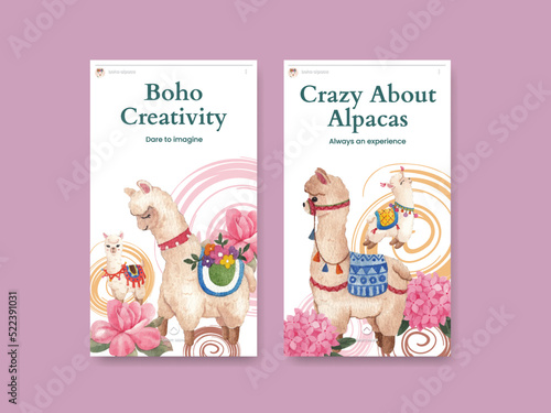 Instagram template with cute boho alpaca concept,watercolor style