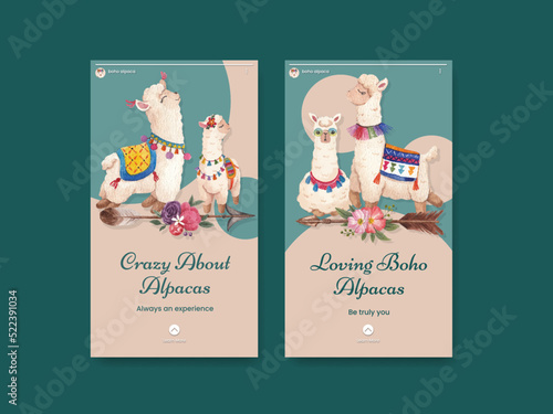 Instagram template with cute boho alpaca concept,watercolor style