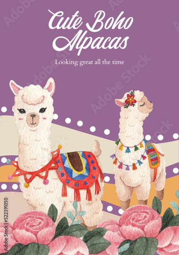 Poster template with cute boho alpaca concept,watercolor style