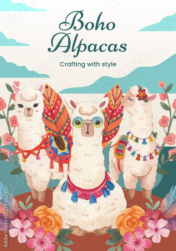 Poster template with cute boho alpaca concept,watercolor style