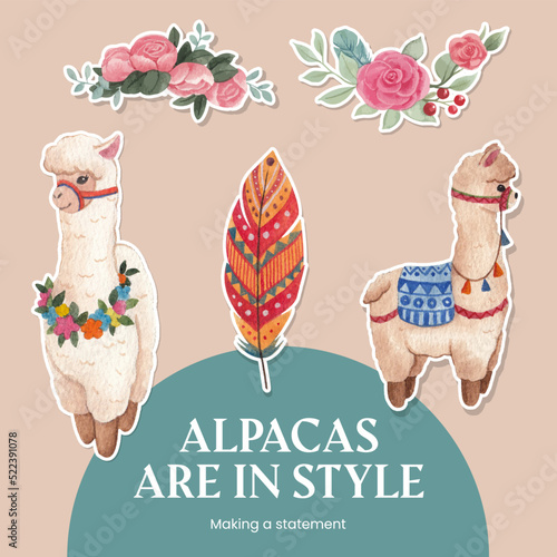 Sticker template with cute boho alpaca concept,watercolor style