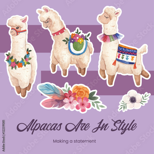 Sticker template with cute boho alpaca concept,watercolor style