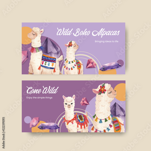 Twitter template with cute boho alpaca concept,watercolor style