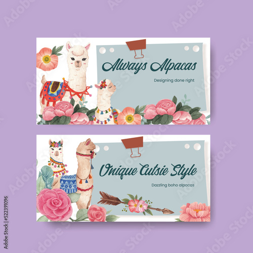 Twitter template with cute boho alpaca concept,watercolor style