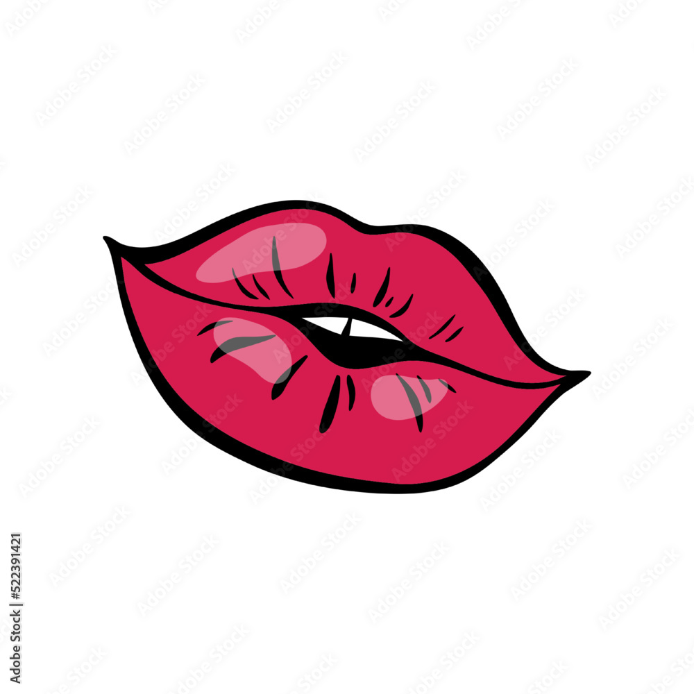 Bright red female lips in retro pop art style. Mouth with a slight smile. Vector illustration. Bright red female lips in retro pop art style. Mouth with a slight smile. Vector illustration.