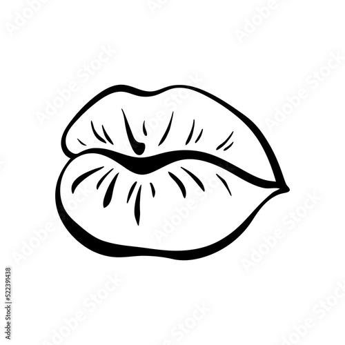 Сontour of female  lips in retro-pop art style. Mouth with pouting lips. Vector outline illustration.