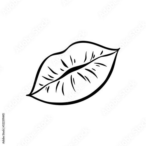 Сontour of female  lips in retro-pop art style. Mouth with pouting lips. Vector outline illustration.