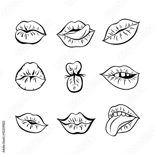 Set of contours of female lips with retro pop art style. Mouth with a kiss, a smile, a tongue, teeth. Vector outline illustration.