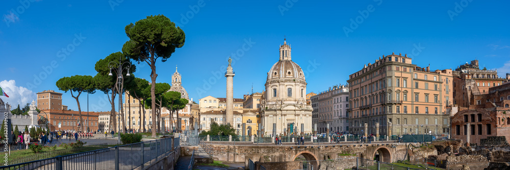 Panoramic landscape of ruins of Trajan market and church of the Most Holy Name of Mary