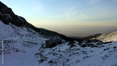 aerial drone shot of the High Tatras mountains in the winter in Slovakia photo