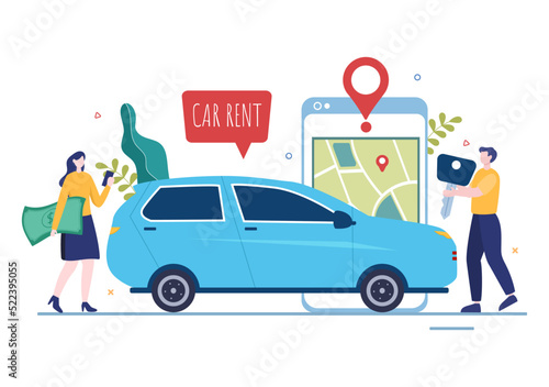 Car Rental, Booking Reservation and Sharing using Service Mobile Application with Route or Points Location in Hand Drawn Cartoon Flat Illustration