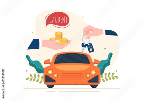 Car Rental, Booking Reservation and Sharing using Service Mobile Application with Route or Points Location in Hand Drawn Cartoon Flat Illustration