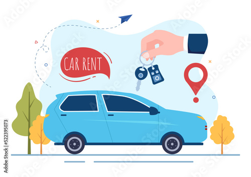 Car Rental, Booking Reservation and Sharing using Service Mobile Application with Route or Points Location in Hand Drawn Cartoon Flat Illustration