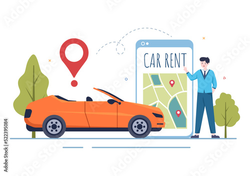 Car Rental, Booking Reservation and Sharing using Service Mobile Application with Route or Points Location in Hand Drawn Cartoon Flat Illustration