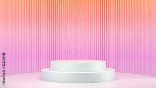 3d rendering single podium Mockup for product presentation, Blank showcase mockup with pink and orange vertical cylinder background © LADALIDI