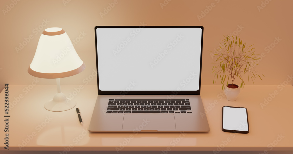 Laptop computer and phone white screen with minimalist accesories orange theme background Laptop computer and phone white screen with minimalist accesories orange theme background
