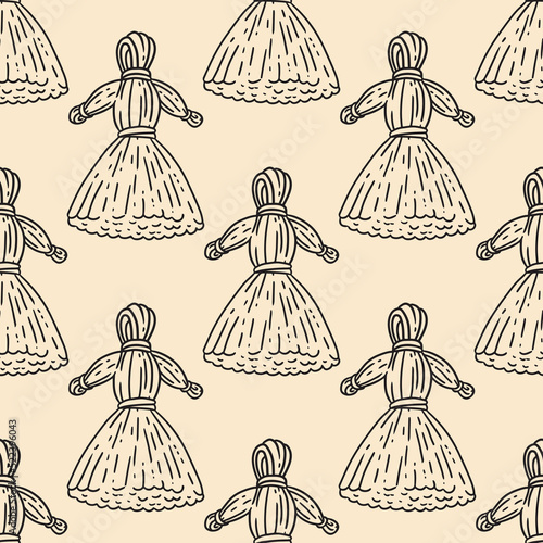 Cute cartoon straw dolls doodles seamless border pattern. Vector repeatable Marena dolls background texture tile. Cozy template of stock image for wrapping design