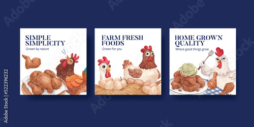 Banner template with chicken farm food concept,watercolor style