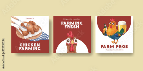Banner template with chicken farm food concept,watercolor style