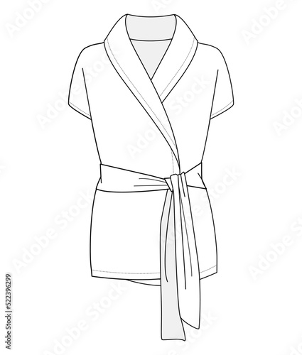 womens short sleeve dressing gown, robe fashion flat sketch vector illustration. cad mockup.