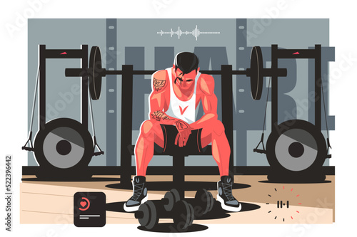 Strong man sit after workout with tiredness