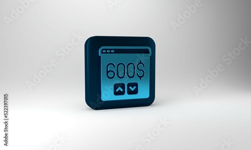 Blue Monitor with dollar icon isolated on grey background. Sending money around the world, money transfer, online banking, financial transaction. Blue square button. 3d illustration 3D render