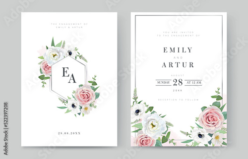 Watercolor, wedding invite, save the date set. Floral template. Delicate garden pink roses, white anemone flowers, green seeded eucalyptus branches bouquet with hexagonal silver frame. Editable vector