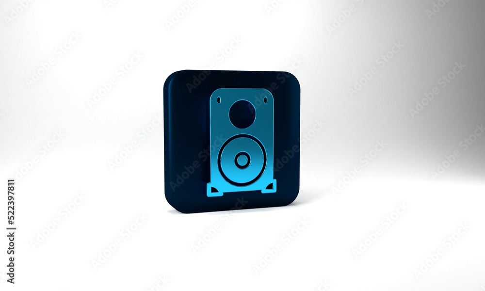 Blue Stereo speaker icon isolated on grey background. Sound system speakers. Music icon. Musical column speaker bass equipment. Blue square button. 3d illustration 3D render