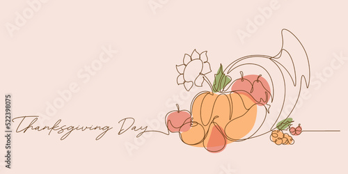 continuous line colored drawing style of cornucopia vector illustration. thanksgiving day script font background minimalism copy space.