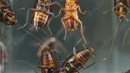 お腹側から見たガラスの壁を歩くクロゴキブリ
