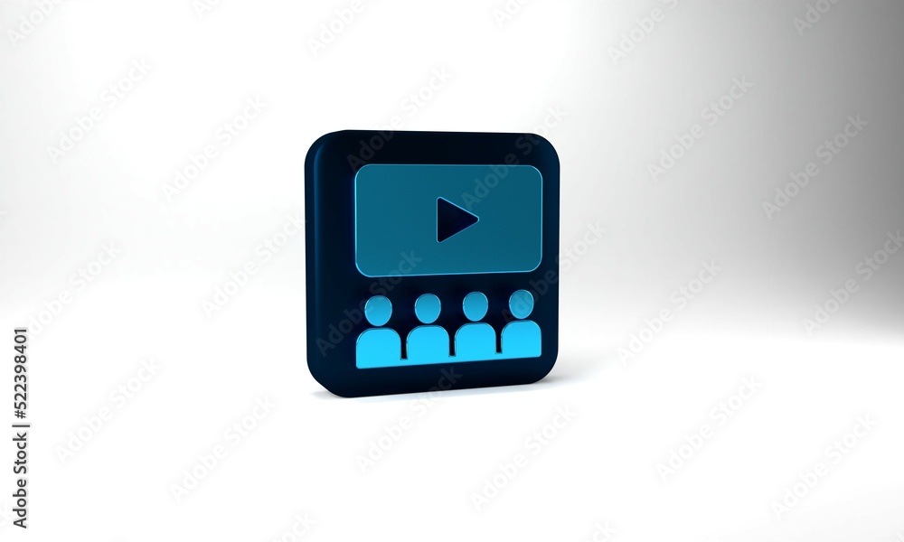 Blue Cinema auditorium with screen icon isolated on grey background. Blue square button. 3d illustration 3D render Blue Cinema auditorium with screen icon isolated on grey background. Blue square button. 3d illustration 3D render