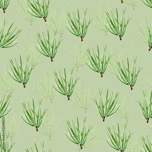 Pine branch with long needles watercolor seamless pattern. Template for decorating designs and illustrations.