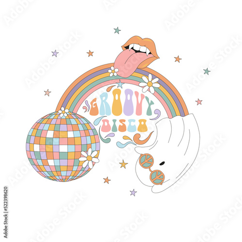 Groovy disco party vampy lips with tongue cute hippie ghost vector illustration isolated on white. Retro 60s 70s floral Halloween discotheque poster. 