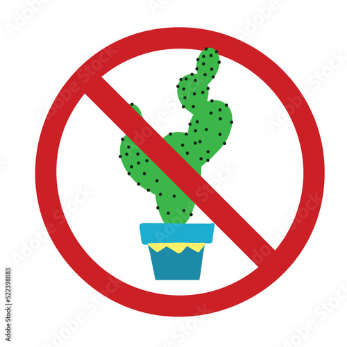 Vector prohibition sign with a desert cactus in a pot. Do not touch thorny houseplants. Forbidden to grow dangerous plants