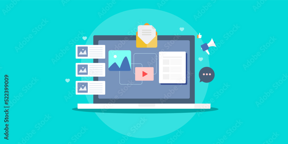 Content marketing network and communication concept. Digital contents on laptop screen. Content marketing network and communication concept. Digital contents on laptop screen.