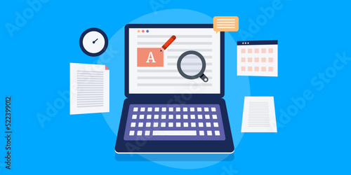 Content research and copywriting concept, blog page on laptop screen with blue background.