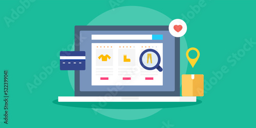Ecommerce product page seo, online shopping webstore on laptop screen with card payment and  package delivery system.