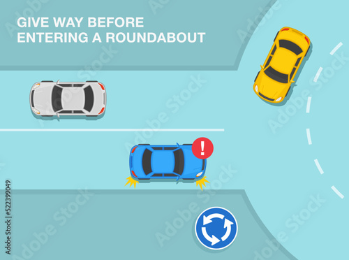 Safe driving tips and traffic regulation rules. Priority inside the roundabout. Yield before entering a roundabout. Top view. Flat vector illustration template.