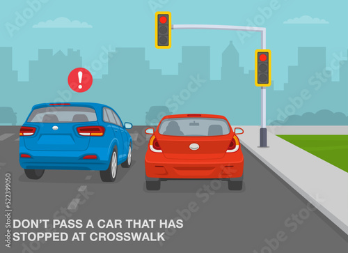 Fototapeta Naklejka Na Ścianę i Meble -  Safe driving tips and traffic regulation rules. Do not pass a car that has stopped at crosswalk or traffic light. Flat vector illustration template.