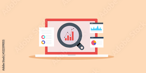 Business data analytics, marketing KPI report and financial information monitoring on laptop screen.